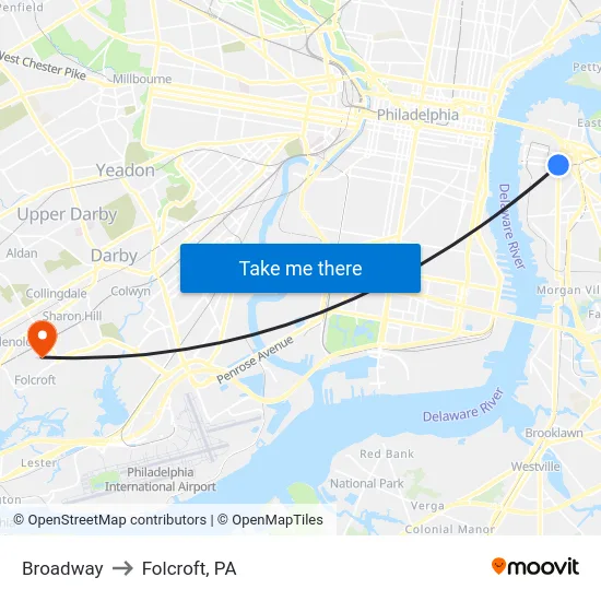 Broadway to Folcroft, PA map