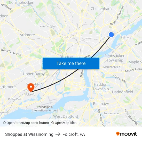 Shoppes at Wissinoming to Folcroft, PA map