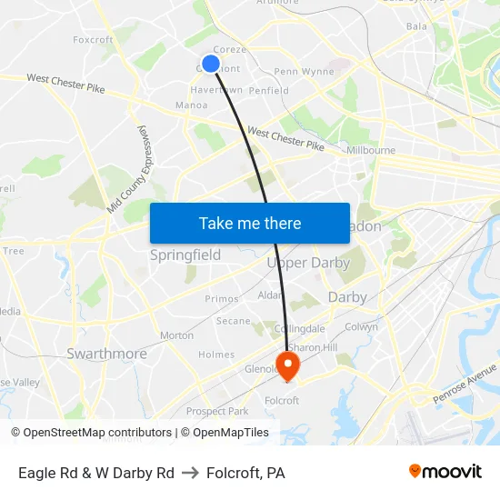 Eagle Rd & W Darby Rd to Folcroft, PA map