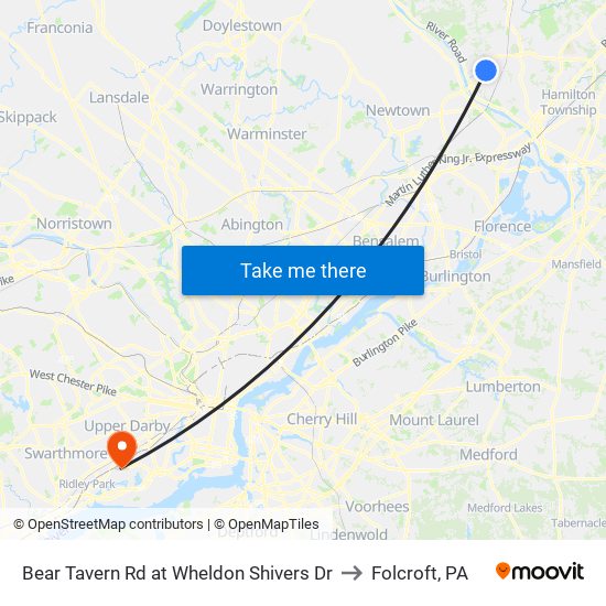 Bear Tavern Rd at Wheldon Shivers Dr to Folcroft, PA map
