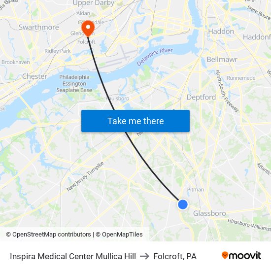 Inspira Medical Center Mullica Hill to Folcroft, PA map
