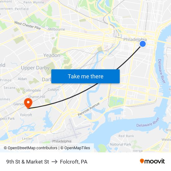 9th St & Market St to Folcroft, PA map