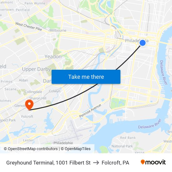 Greyhound Terminal, 1001 Filbert St to Folcroft, PA map
