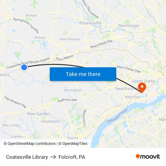 Coatesville Library to Folcroft, PA map