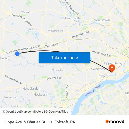 Hope Ave. & Charles St. to Folcroft, PA map