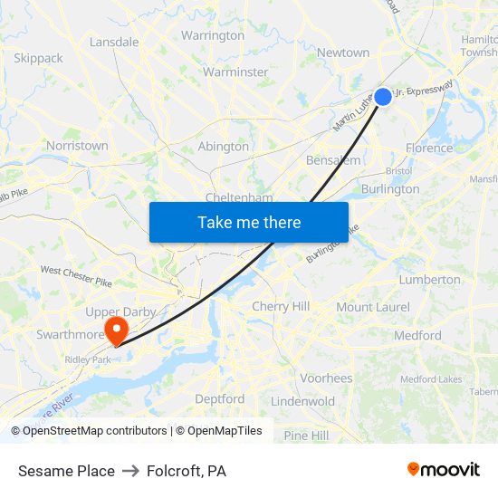 Sesame Place to Folcroft, PA map