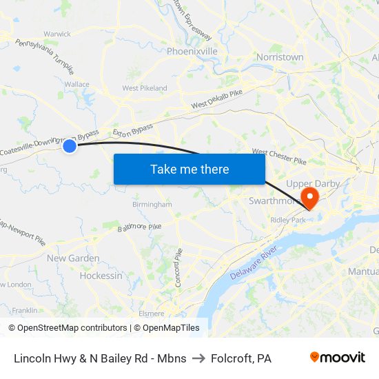 Lincoln Hwy & N Bailey Rd - Mbns to Folcroft, PA map