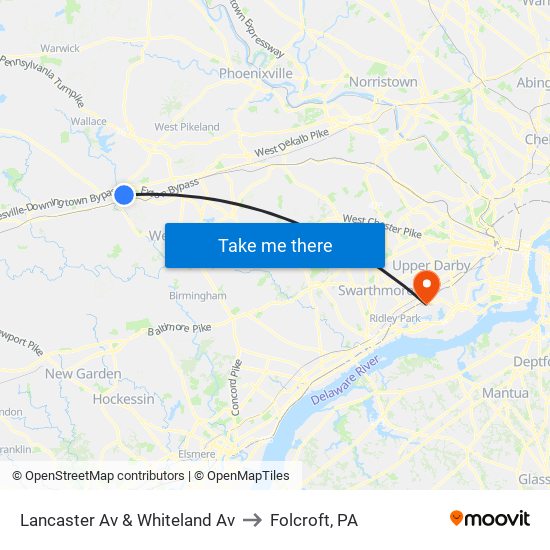 Lancaster Av & Whiteland Av to Folcroft, PA map