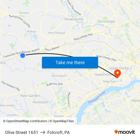 Olive Street 1651 to Folcroft, PA map