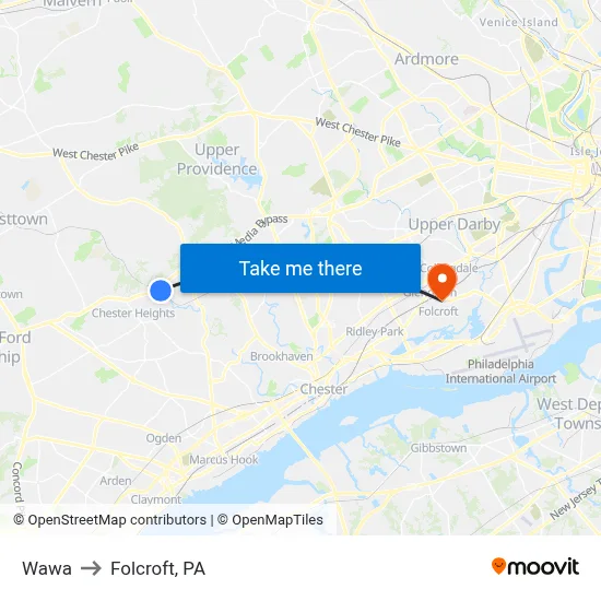 Wawa to Folcroft, PA map