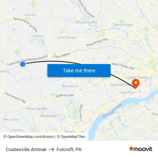 Coatesville Amtrak to Folcroft, PA map