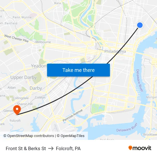 Front St & Berks St to Folcroft, PA map