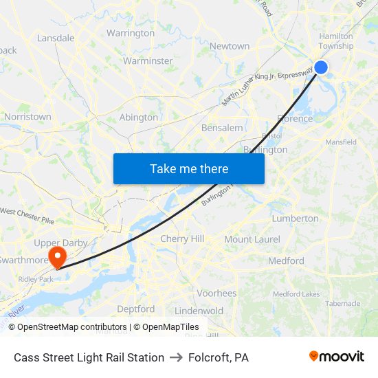 Cass Street Light Rail Station to Folcroft, PA map