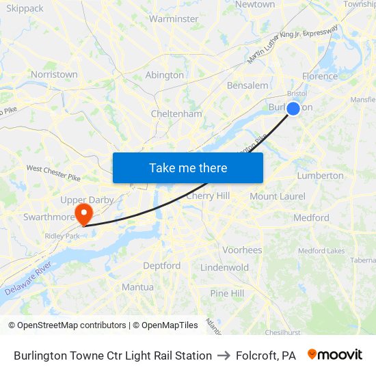 Burlington Towne Ctr Light Rail Station to Folcroft, PA map