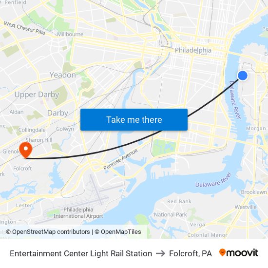 Entertainment Center Light Rail Station to Folcroft, PA map