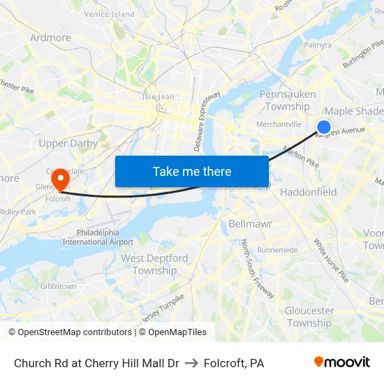 Church Rd at Cherry Hill Mall Dr to Folcroft, PA map