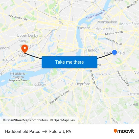 Haddonfield Patco to Folcroft, PA map