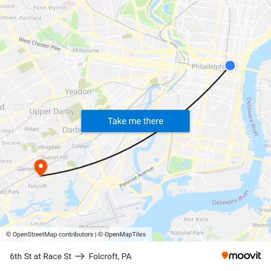 6th St at Race St to Folcroft, PA map