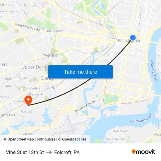 Vine St at 12th St to Folcroft, PA map