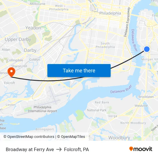 Broadway at Ferry Ave to Folcroft, PA map