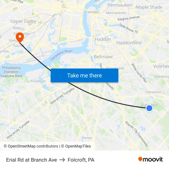 Erial Rd at Branch Ave to Folcroft, PA map