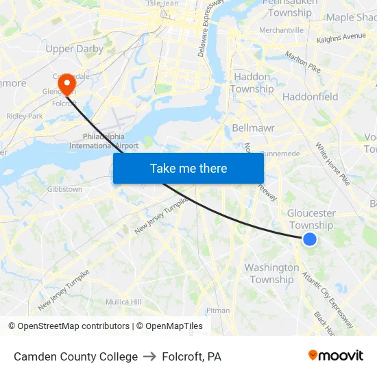 Camden County College to Folcroft, PA map