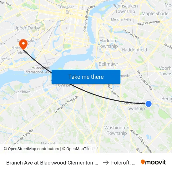 Branch Ave at Blackwood-Clementon Rd to Folcroft, PA map