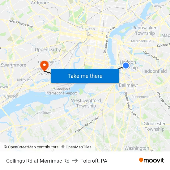Collings Rd at Merrimac Rd to Folcroft, PA map