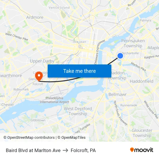 Baird Blvd at Marlton Ave to Folcroft, PA map