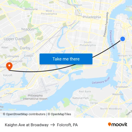 Kaighn Ave at Broadway to Folcroft, PA map