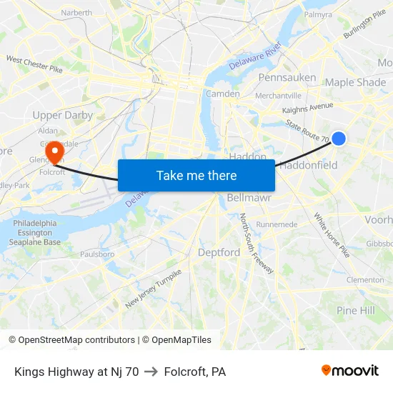 Kings Highway at Nj 70 to Folcroft, PA map