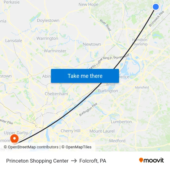 Princeton Shopping Center to Folcroft, PA map