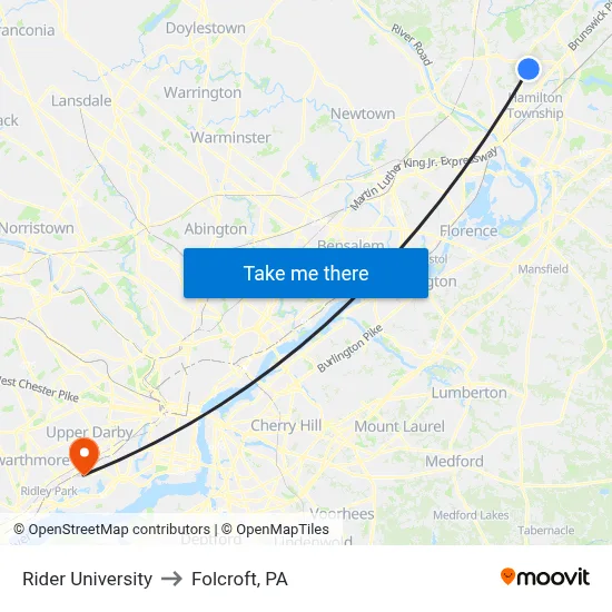 Rider University to Folcroft, PA map