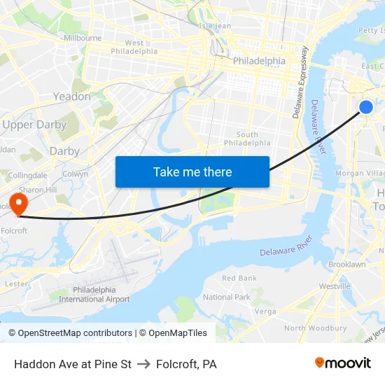 Haddon Ave at Pine St to Folcroft, PA map