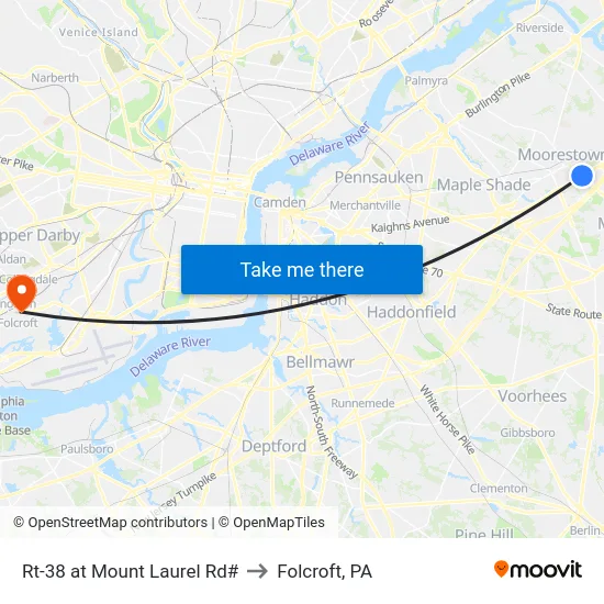 Rt-38 at Mount Laurel Rd# to Folcroft, PA map