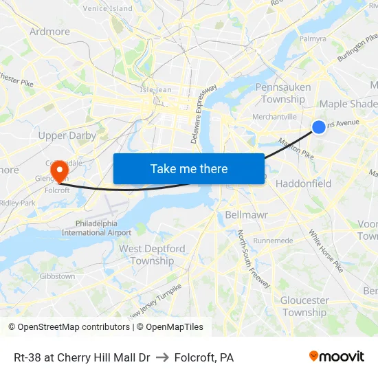 Rt-38 at Cherry Hill Mall Dr to Folcroft, PA map