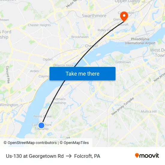 Us-130 at Georgetown Rd to Folcroft, PA map