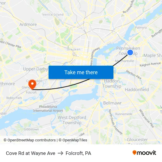 Cove Rd at Wayne Ave to Folcroft, PA map