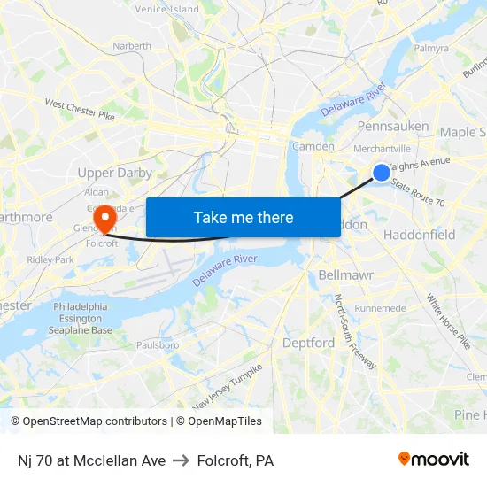 Nj 70 at Mcclellan Ave to Folcroft, PA map