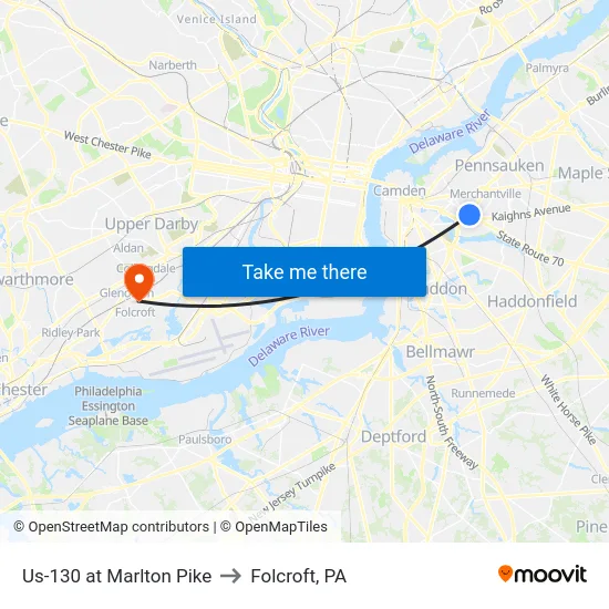 Us-130 at Marlton Pike to Folcroft, PA map