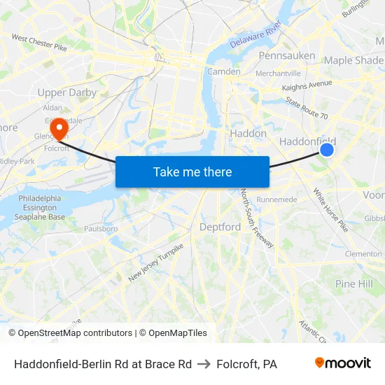 Haddonfield-Berlin Rd at Brace Rd to Folcroft, PA map