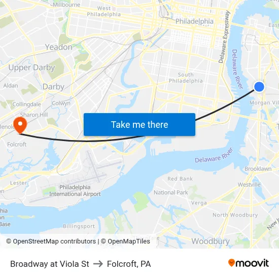 Broadway at Viola St to Folcroft, PA map