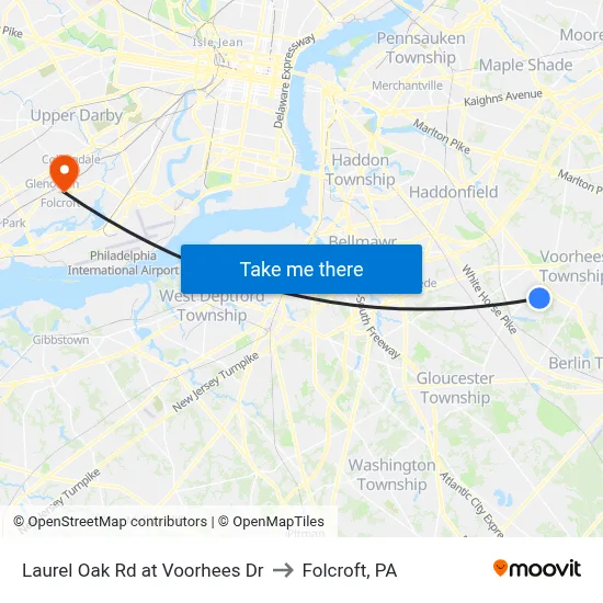 Laurel Oak Rd at Voorhees Dr to Folcroft, PA map