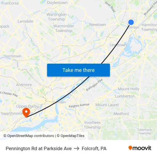 Pennington Rd at Parkside Ave to Folcroft, PA map
