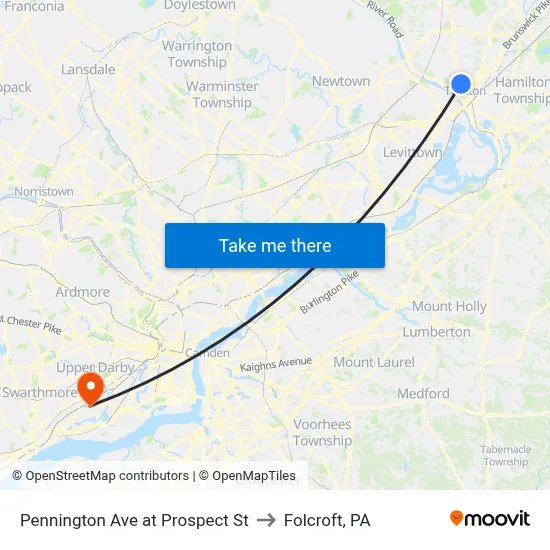 Pennington Ave at Prospect St to Folcroft, PA map