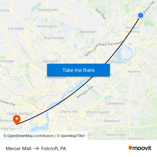 Mercer Mall to Folcroft, PA map