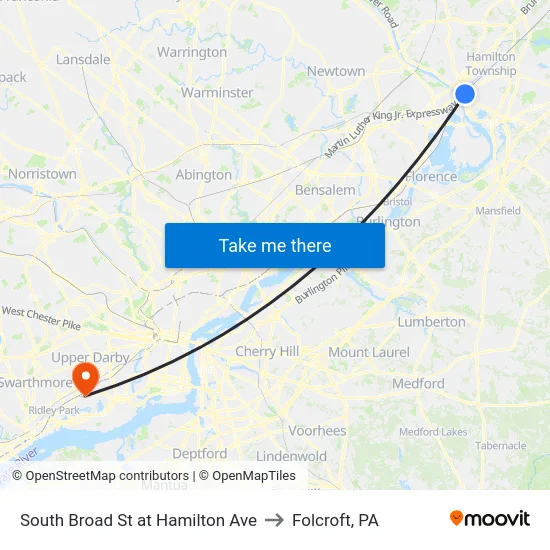 South Broad St at Hamilton Ave to Folcroft, PA map