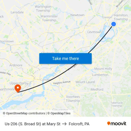 Us-206 (S. Broad St) at Mary St to Folcroft, PA map