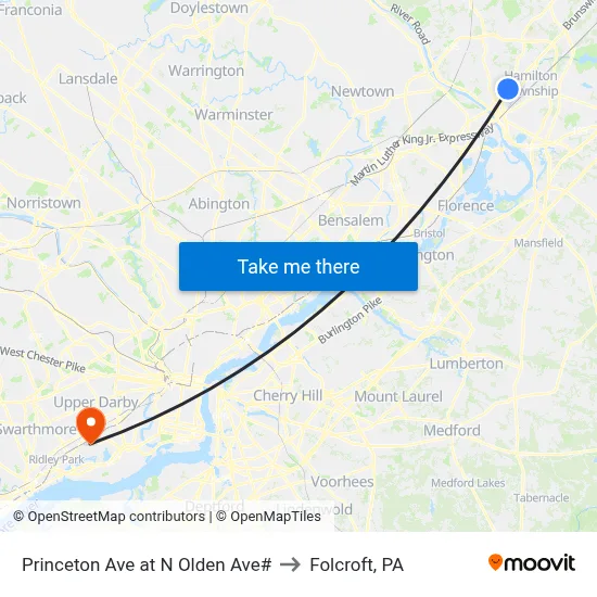 Princeton Ave at N Olden Ave# to Folcroft, PA map