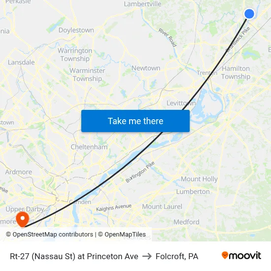 Rt-27 (Nassau St) at Princeton Ave to Folcroft, PA map